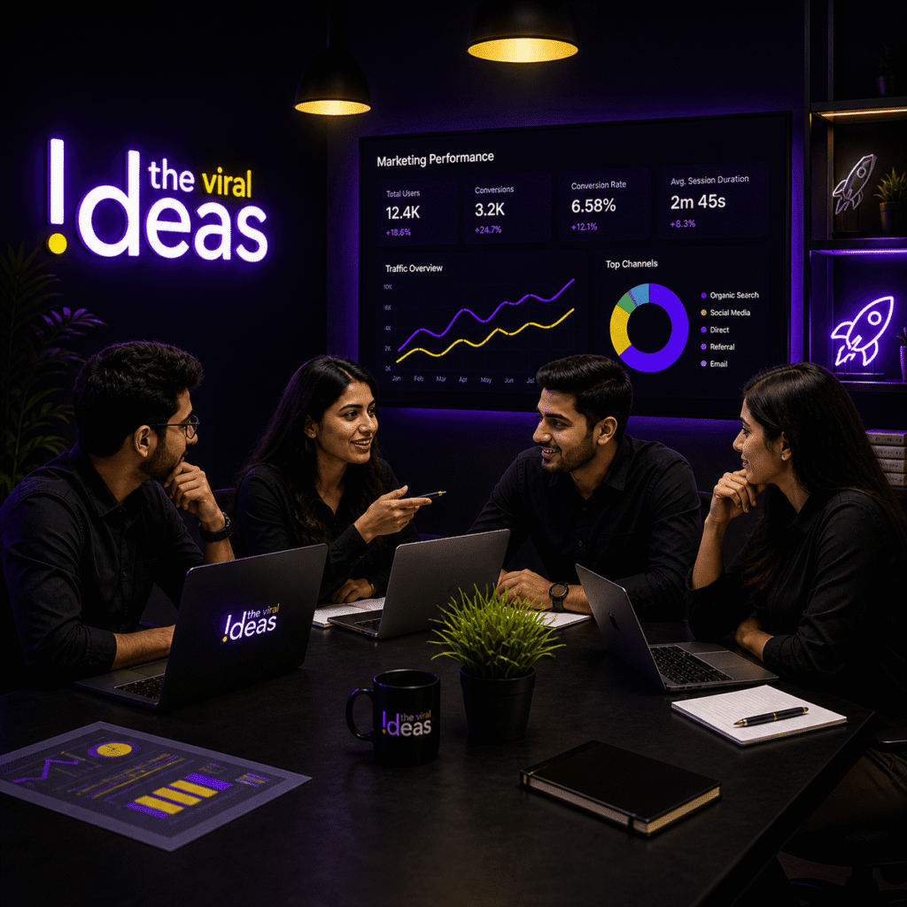 digital marketing team meeting with laptop and analytics dashboard