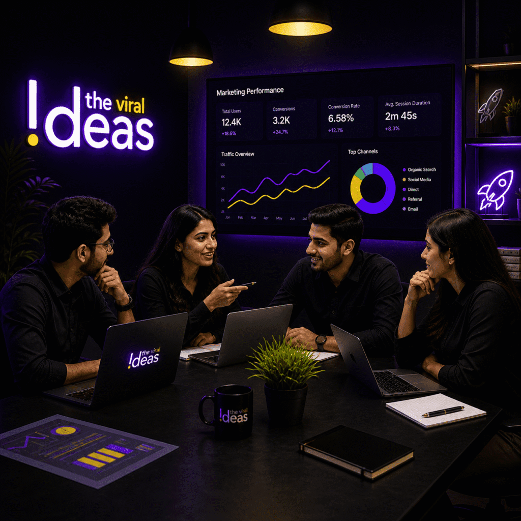 digital marketing team meeting with laptop and analytics dashboard